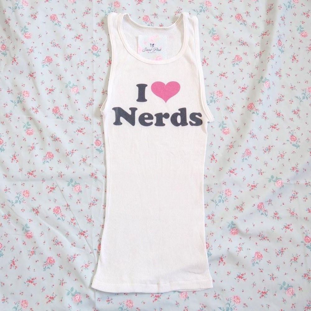 y2k i heart nerds ribbed tank white racerback slogan [xs]